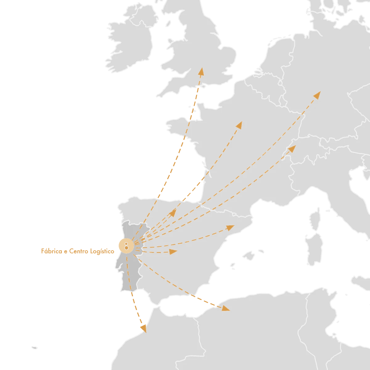 Mapa de distribuição nacional e internacional da Dalifal, a partir de Coimbra e Sangalhos